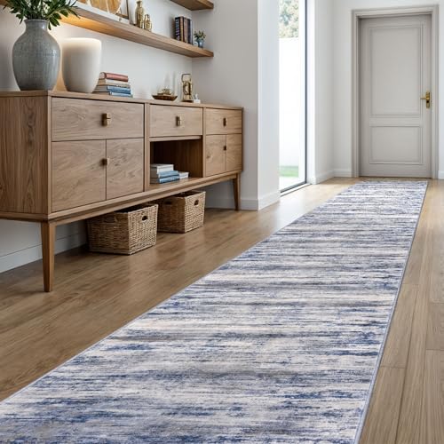 KOZYFLY Modern Abstract Washable Long Rug Runner 2.6x20 Hallway Rug Runner Non-Slip Soft Stair Runners, Grey-Blue Striped 20 feet Runner Rug for Kitchen Entryway Bathroom Laundry Room Foyer - color: Blue-grey, size: 2'8" x 20' (Runner)
