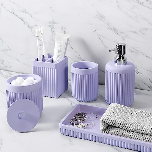 XLHOMO Resin Light Purple Bathroom Accessories Set 5 Pcs, Lotion Soap Dispenser, Toothbrush Holder, Bathroom Tumbler, Qtip Holder and Vanity Tray, Bathroom Countertop Organizer Set for Home Apartment - color: Purple, size: Resin Bath Set