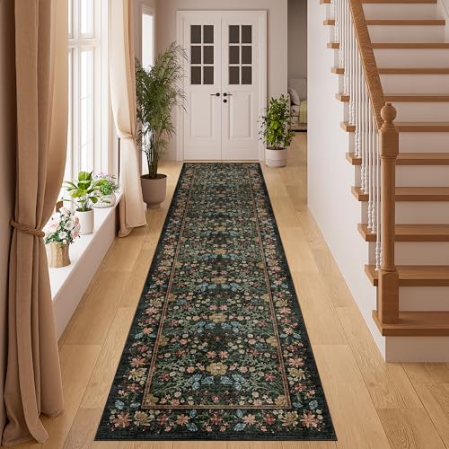 DUKINO 2x8 Runner Rug, Washable Vintage Floral Kitchen Rug, Black | Non Slip, Low Pile, Non-Shedding, Stain Resistant Aesthetic Soft Carpet Runner for Hallway Bathroom Laundry Bedroom Entryway - color: Black, size: 2' x 8' (Rectangular)