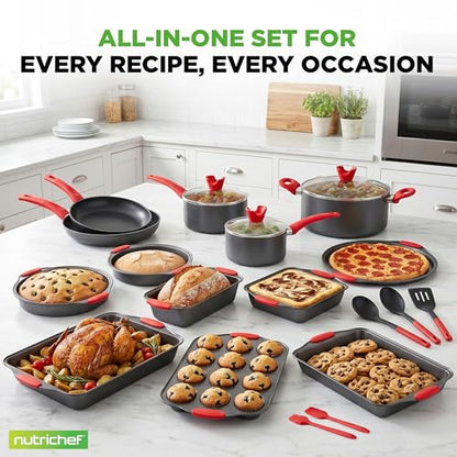 NutriChef 21-Piece Nonstick Cookware Set - PTFE/PFOA/PFOS Free Heat Resistant Lacquer Kitchen Ware Pots Pan w/ Cool-Touch Handles, Saucepan, Fry Pans, Lid, Bakeware, For Gas Electric Ceramic Cooktops - size: 21-Piece Set