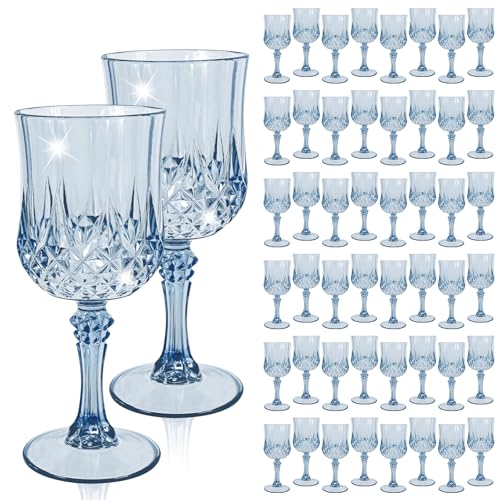 48 Pcs Blue Plastic Wine Glasses,Plastic Goblets for Parties | Vintage Wine Glasses Bulk, Reusable, Drinkware Cups, Wedding, Party, Reception, Event Supplies,Table Decoration - color: Blue