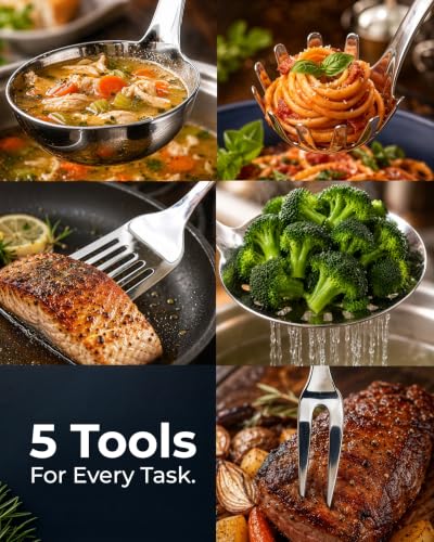 Zulay Kitchen Stainless Steel Cooking Utensil - Stainless Steel Kitchen Utensil - Durable Kitchen Gadgets - Metal Kitchen Accessories - Easy to Clean Kitchen Tools - 5 Piece Set - size: 5 Piece Set