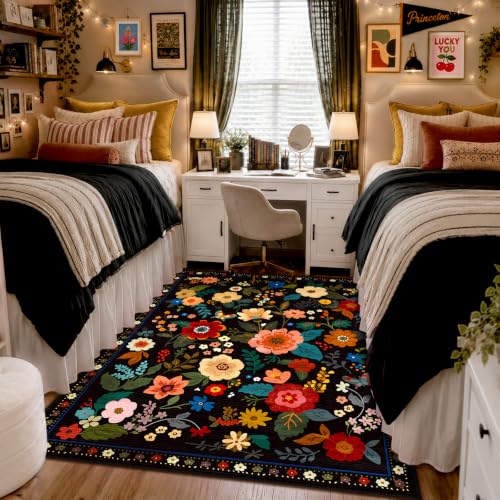 RELEANY Floral Washable 4x6 Area Rugs Black | Flower Carpet, Print, Boho, Non-Slip, Easy to Clean, Soft, Low Pile for Living Room Bedroom Kitchen Office Entryway Hallway - color: Black, size: 4' x 6' (Rectangular)
