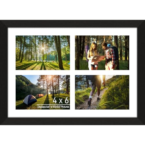 4"x6" Photo Collage Frame 4 Openings, Black Wood Frame, White Mat | Holds 4 4x6 Photos, 9.5"x13.5" Multi Picture Frame Collage Wall Decor Wooden, Horizontal & Vertical, Tabletop & Wall Mount - color: Black Frame & White Mat, size: 4 Openings (9.5x13.5) -
