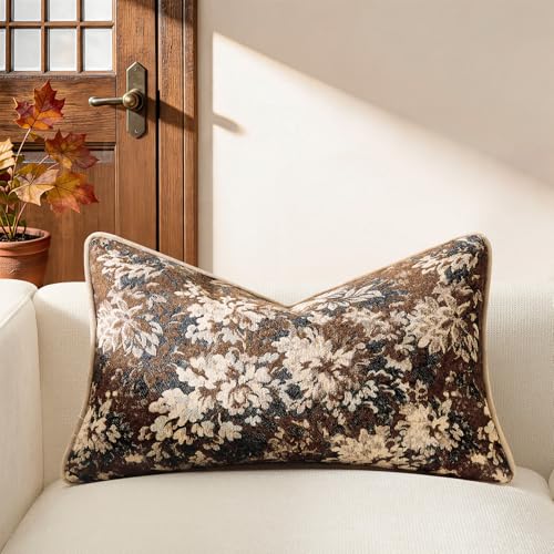 Kevin Textile Vintage Floral 12x20 Inch Lumbar Pillow Cover 1 Pack, Brown | Soft Neutral Retro Flowers Embroidered Texture Lumbar Pillow Cover Accent Decorative Pillowcase for Couch Sofa Chair Bed - color: Brown, size: 20" x 12" (Pack of 1)