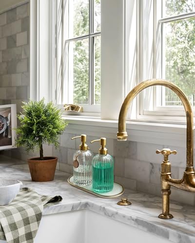 JASAI 2PACK 18Oz Fluted Glass Soap Dispenser with Golden Rust Proof Pump | Refillable Kitchen Soap Dispenser with Vertical Stripe, Bathroom Soap Dispenser for Hand Soap, Dish Soap, liquid Soap, Lotion - color: Clear-golden Pump-2p, size: 2 Pack