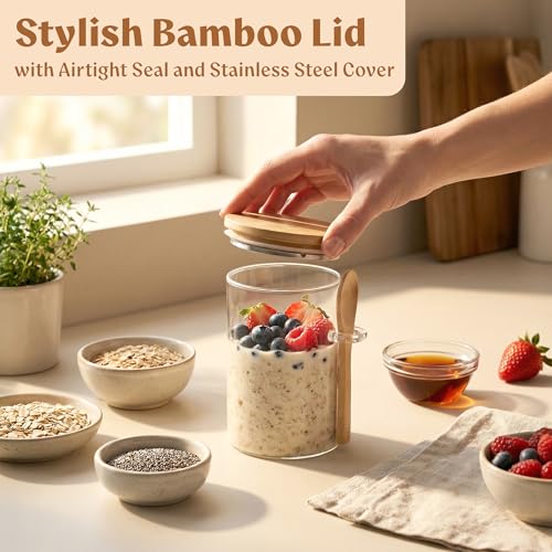 Overnight Oats Containers with Lids - Glass Mason Jars, Meal Prep | Bamboo Wood, Airtight Silicone Seal Set of 4 - Includes Spoons, 40 Labels for Chia Pudding, Yogurt, Cereal, Oatmeal - color: 4 pack - Bamboo Lid