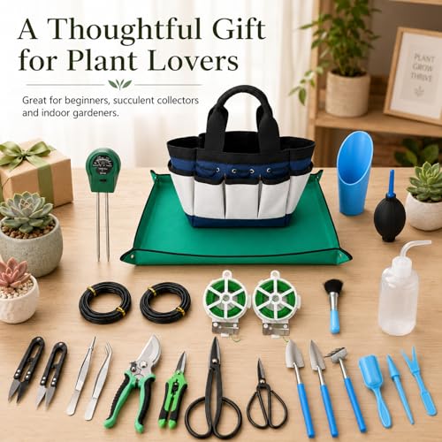25 Pcs Succulent & Bonsai Tools Set for Beginners, Indoor Plant Care Tool Set with Repotting Mat, Organizer Tote, Soil Moisture Meter, Pruning Shears, Mini Garden Tools, Gardening Gift for Women Men