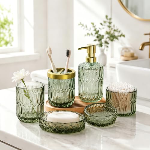 Green Bathroom Accessories Set, 5Pcs Clear Glass Green Accessories with Lotion Soap Dispenser, Soap Dish, Toothbrush Holder, Tumbler, Cotton Swab Jar, Modern Bathroom Decor Crystal Vintage Gift - style: Art Deco