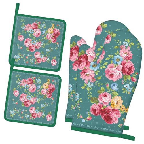 4 PCS Cotton Oven Mitts and Pot Holders Sets,Pioneer Flower Oven Gloves Heat Resistant Colorful Kitchen Mitts Hot Pads,Kitchen Decor for Women Cooking Baking Grilling BBQ (Dark Green Pink Flower) - color: Dark Green Pink Flower