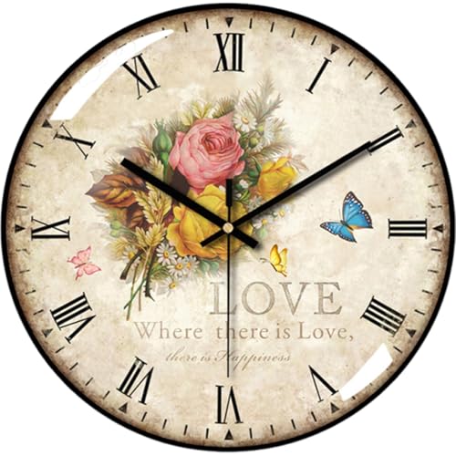 Decorative Wall Clock Battery Operated, 12-Inch Retro Vintage Floral Butterfly Pattern, Glass Dial, Silent Non-Ticking, Roman Numerals, for Living Room Bedroom Office - color: F