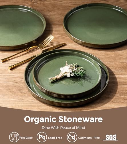 GBHOME Stoneware Dinnerware Sets for 4, 12 Pieces Plates and Bowls Set | Lightweight Ceramic Ribbed Dishes,Reactive Glaze Stackable Plate Set,Scratch Resistant,Microwave&Dishwasher Safe,Sage Green - color: Sage Green