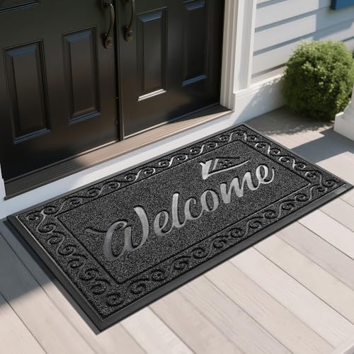 Yimobra Welcome Mat, Heavy Duty Sturdy Door Mats for Home Entrance Outdoor Indoor, Front Doormat for Outside Patio Floor Entry Porch Garage Office, Waterproof, Low Profile, 47 x 24, Black - color: Black, size: 47x24 Inch