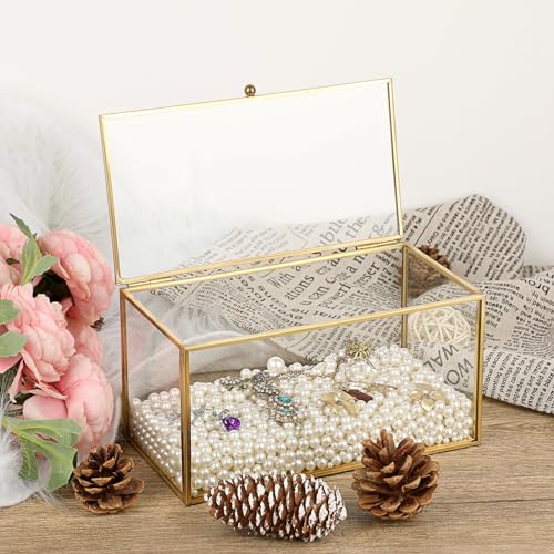 Hipiwe Gold Glass Decorative Boxes Rectangular Keepsake Shadow Box with Lid | Mini Garden Jewelry Display Case Vanity Lidded Boxes for Wedding Cards, Trinkets, Photos & Perfume - 8.3"x4.3"x4.3"