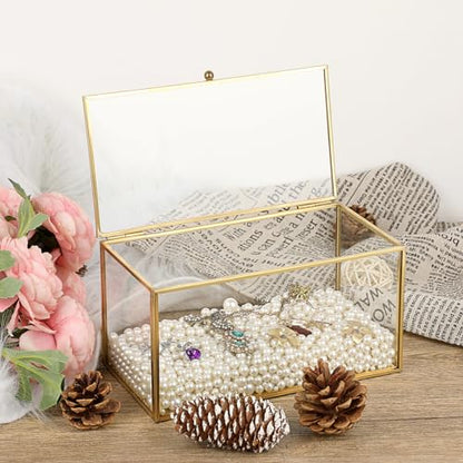 Hipiwe Gold Glass Decorative Boxes Rectangular Keepsake Shadow Box with Lid | Mini Garden Jewelry Display Case Vanity Lidded Boxes for Wedding Cards, Trinkets, Photos & Perfume - 8.3"x4.3"x4.3"
