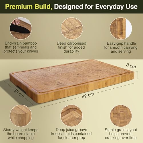 Cactus & Cubby Premium Bamboo Cutting Board. Deluxe Deep Carbonised End Grain Wooden Cutting Board. 16.5" x 11.8". Pre-oiled Butcher Block for Prepping & Serving. Knife Friendly