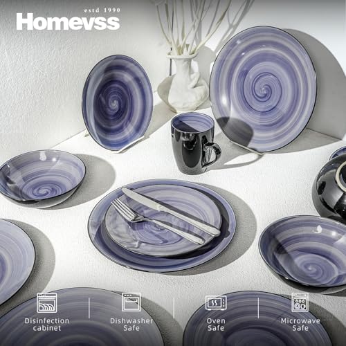 HomeVss, Sonoma Stoneware 16pc Dinnerware Set, Outside Black + Inside Hand Painting Color Cobalt - color: Cobalt