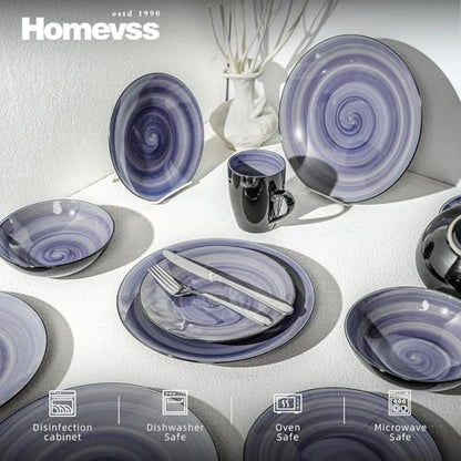 HomeVss, Sonoma Stoneware 16pc Dinnerware Set, Outside Black + Inside Hand Painting Color Cobalt - color: Cobalt