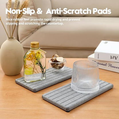 2PCS Instant Dry Diatomite Stone Counter Makeup Tray Organizer, Fast Drying Caddy Kitchen Sponge Holder Mat, Bathroom Vanity Toothbrush Bottle Dispenser Soap Dish Rack, Light Gray, 8"x 3.8" - color: 2pcs - 8"x 3.8" - Light Gray