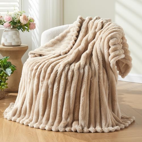 NEWCOSPLAY Fleece Ribbed Cozy Twin Blanket for Couch, Brown, 60"x80" | Premium Silky Flannel Blanket, Soft Lightweight Fluffy Throw Blanket for Bed Sofa Decor, Gift for All Season Use - color: Brown Ribbed, size: Twin(60"x80")