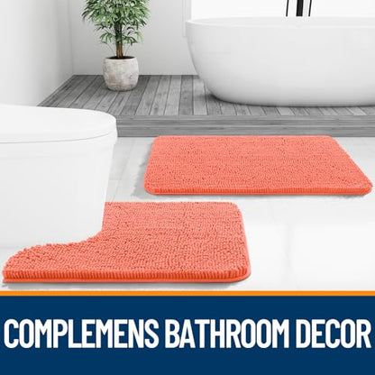 OLANLY Chenille Bathroom Mat and Toilet Rugs U-Shaped, Bath Mat Size 30x20 and Bathroom Rugs Sets Size 30x20+24x20 in Coral, 3 Item Bundle
