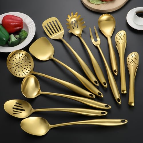 304 Stainless Steel Matte Kitchen Utensils Set, 11 Pcs Long Metal Cooking Utensils Set, Gold Cooking Utensils Set, Dishwasher Safe - size: 11Pcs-Gold
