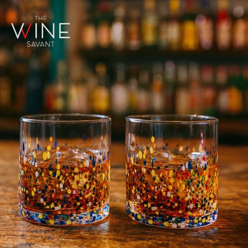 Large Confetti DOF Glasses – Set of 2-11oz Luxury Hand Blown Confetti Whiskey, Margarita, Martini, Cocktails, Water, Wine, Dessert & Champagne Glasses Cinco de Mayo, Hand Blown - Mexican Water Glass - style: Mexican Confetti Water Glass