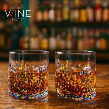 Large Confetti DOF Glasses – Set of 2-11oz Luxury Hand Blown Confetti Whiskey, Margarita, Martini, Cocktails, Water, Wine, Dessert & Champagne Glasses Cinco de Mayo, Hand Blown - Mexican Water Glass - style: Mexican Confetti Water Glass
