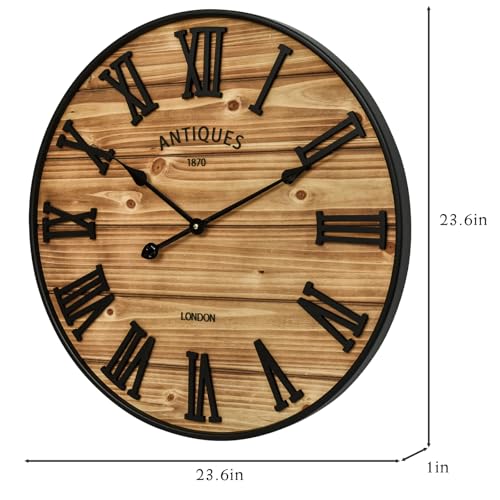 24 Inch Farmhouse Wall Clock - Antique Rustic Wood Finish, Silent Battery-Operated Timepiece with Stylish Decor for Home, Office, Kitchen, Bedroom & Living Room - size: 24 Inch