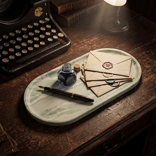 YKAJO Botanical Green Oval Marble Tray, 11.8x5.9 Vanity Perfume Organizer | Honed natural stone; jewelry & trinket dish, ring & key holder, soap & candle catchall; bath counter, dresser, coffee table - color: Botanical Green, size: 11.8" x 5.9" x 0.6"