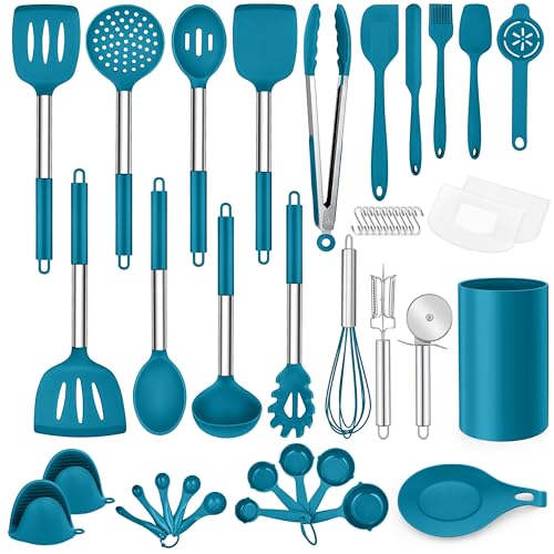 LIANYU 43 Pcs Silicone Kitchen Cooking Utensils with Holder, Heat Resistant Spatula Set with Stainless Steel Handle, Kitchen Cooking Gadgets Tools for Nonstick Cookware Set, Blue - color: Blue