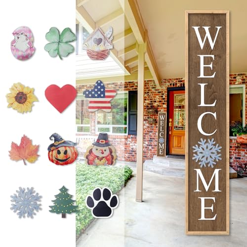 Interchangeable Welcome Sign for Front Porch Door, 45"X9" Wood | Outdoor Leaner Home Wooden Frame, 12 Pcs Replaceable Icons, Outside Standing Seasonal Holiday Decorations - color: Interchangeable With 12 Pcs (Wood), size: 45"X9"