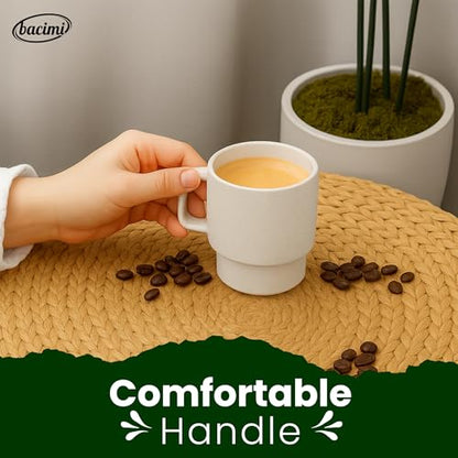 Bacimi® - Stackable Coffee Mugs Set of 4 with Metal Rack - Stoneware Mugs 13.5oz Coffee Mug Stand - Ceramic Coffee Cups for Latte, Cappuccino & Hot Beverages - Eggshell White - style: Set with Rack