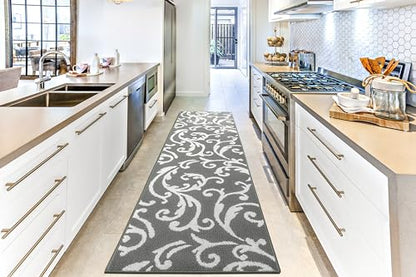Hallway Runner Rug Non Slip Rubber Backing, 26 inch x 8 ft, Scroll, Grey & White, Heavy Duty Berber Style Carpet Runner for Entryway, Kitchen, Bathroom, Bedroom, Laundry Room. - color: Scroll Grey, size: 8 Foot Long Runner Rug