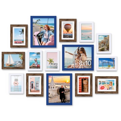 decorUhome 15 Pack Assorted Picture Frame Set for Wall & Tabletop, PF15MTF | Blue / Brown / White, Includes Three 8x10 / Six 5x7 / Six 4x6 Multi Size, MDF Frame with Plexiglass Cover - color: Blue & Brown & White