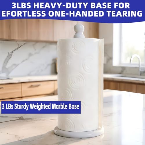 Premium White Marble Paper Towel Holder for Kitchen Countertop, Heavy Duty Freestanding Paper Towel Stand with 3 Lbs Weighted Base for One-Handed Tearing, Non-Slip, Fits Standard & Large Jumbo Rolls - color: Pure White