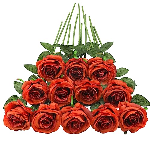 Tifuly 12Pcs Roses Realistic Long Stem Fake Silk Artificial Flowers Orange | 12 Pcs Long Stem Silk Roses, Realistic Fake Roses with Stem for Bridal Bouquets, Home and Office DIY Decor - color: Orange
