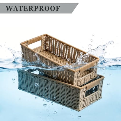 Waterproof Rectangular Toilet Paper Baskets, 16 ¼"L x 6 ¾"W x 4 ½"H Nesting Plastic Wicker Basket, Woven Long Narrow Baskets for Pantry Bathroom Toilet Tank Top Countertop, 2 Pack