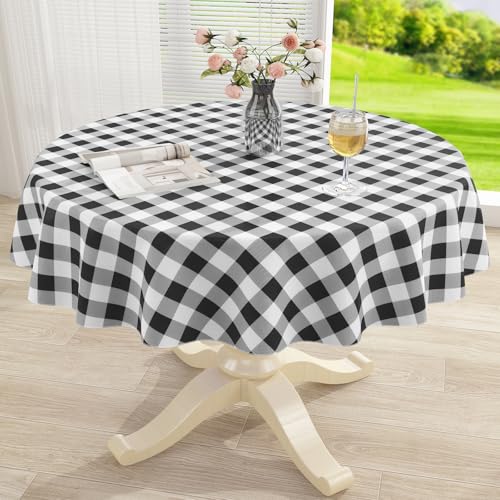 Round Waterproof Vinyl Table Cloth, Buffalo Flannel Backed Tablecloth, Wipeable Plastic Table Cover for Dinner, Kitchen, Picnic (60", Black and White) - color: Black and White, size: 60" (Round)