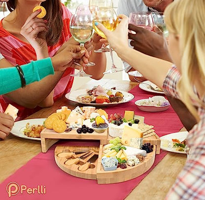 Bamboo Cheese Board & Knife Set, Large Folding 18 Inch Round Wood Rotating Charcuterie Board Set Cheese Meat Wine Serving Tray Platter, Home Decor