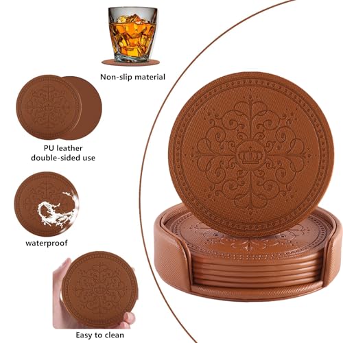 Coasters Set of 6 - PU Leather Coasters for Drinks with Holder - Brown - color: Brown