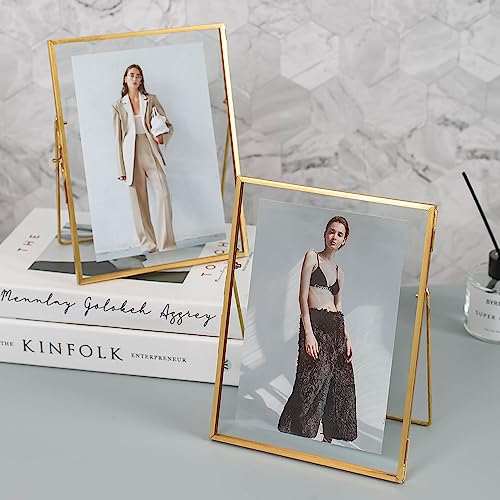 Gold Picture Floating Frame, Set of 2 Pressed Glass Floating Frames, 6 x 8 Standing Gold Picture Frame for 5x7, 4x6, 3x5 Photo Tabletop Display - color: Gold, size: 6x8 inch