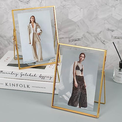 Gold Picture Floating Frame, Set of 2 Pressed Glass Floating Frames, 6 x 8 Standing Gold Picture Frame for 5x7, 4x6, 3x5 Photo Tabletop Display - color: Gold, size: 6x8 inch
