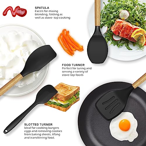 oannao Silicone Cooking Utensils Set - 446°F Heat Resistant Silicone Kitchen Utensils for Cooking,Kitchen Utensil Spatula Set w Wooden Handles, BPA FREE Gadgets for Non-Stick Cookware (Black) - color: Black
