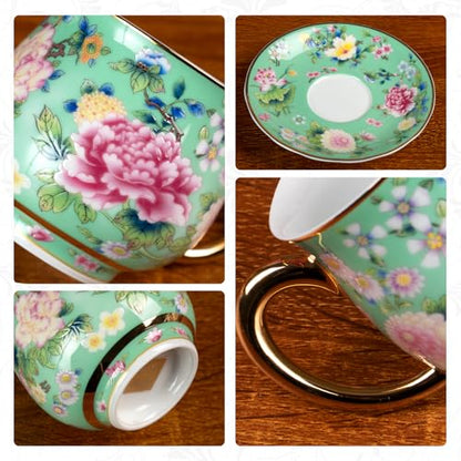 KAMMAK Tea Cup and Saucer, Ceramic Coffee Cups, 7.1 oz, Set of 2 | Porcelain Tea Cups with Saucers for Coffee and Cappuccino, Ideal for Breakfast, Afternoon Tea and Entertaining,942+944N - style: 942N+944N