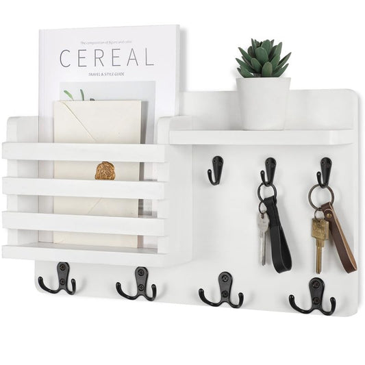 Nekon Mail Holder for Wall, 16.8 Inch Mail Organizer, White | 16.8Inch x 10Inch x 3.2Inch, with 7 Key Hooks, Hallway Farmhouse Decor, Storage Racks with Floating Shelf and Mount Hardware - color: White