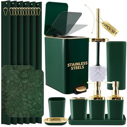 Bathroom Sets with Shower Curtain and Rugs Bathroom Accessories Set Dark Green Bathroom Set,Soap Dispenser & Toilet Brush Holder Set with Stainless Steel Trash Can(23 PCS) - size: Dark Green, style: Bath Set+Waffle Shower Curtain+Bath Rugs