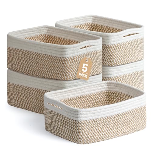 5 Pack Small Woven Storage Baskets for Shelves, Gift Baskets Empty | 11.8"x7.9"x4.7", Decorative Cotton Rope Baskets Organizer, Storage Bins for Organizing Bathroom, Closet, Nursery, Khaki/White - color: Khaki & White