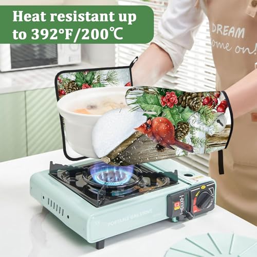 Christmas Cardinal Bird Winter Oven Mitts and Pot Holders Set 4 Pcs Extra Long Heat Resistant Gloves Potholder for Baking, BBQ, Grilling - color: Christmas Cardinal