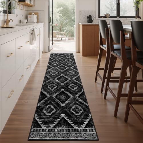 2'x10'Washable Area Rug for Living Room Runner Black | Soft Western No Slip Low Pile Print Foldable Indoor Small Rug for Kitchen entrance entryway hallway - color: Black, size: 2' x 10' (Rectangular)